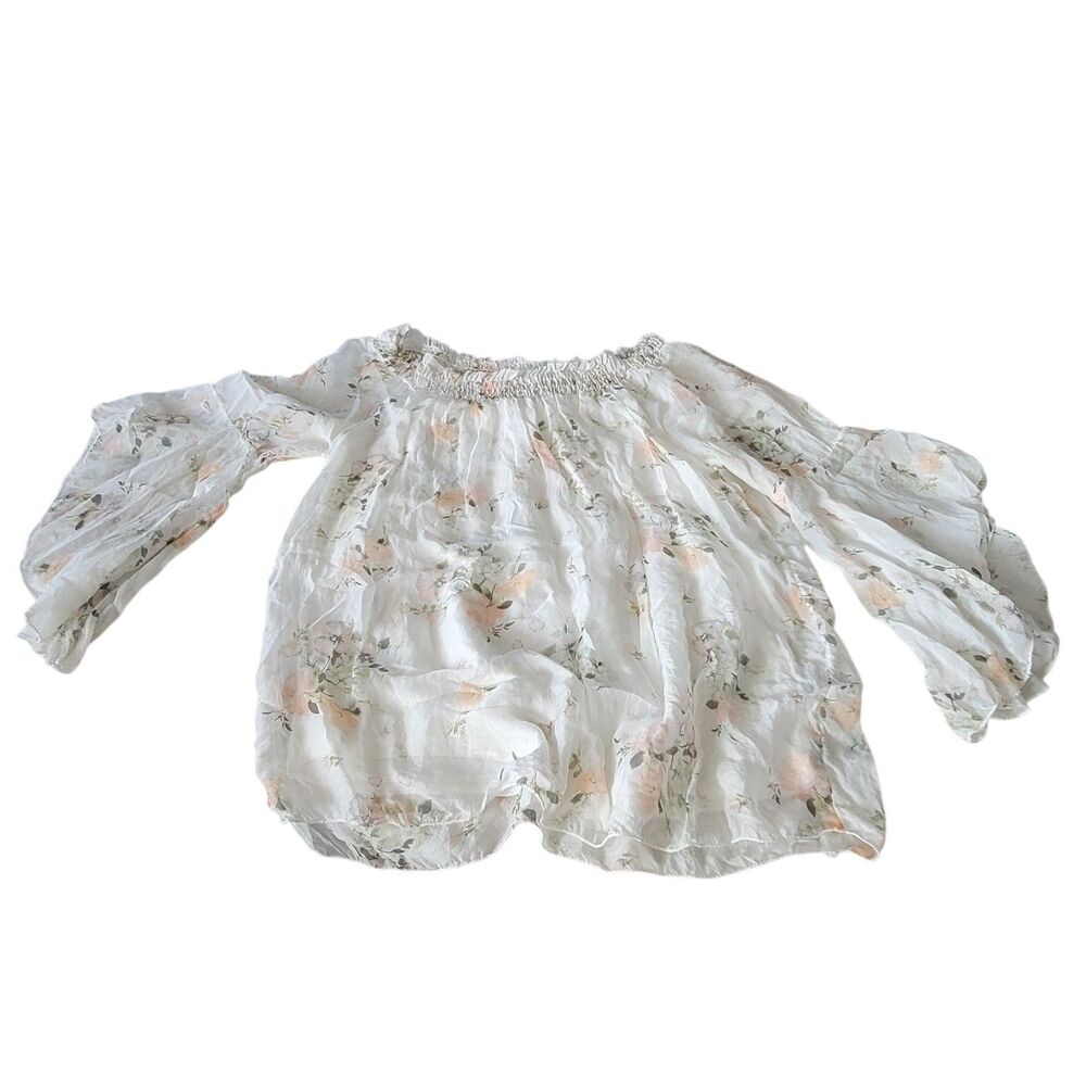 Giusy Silk Top White Floral Print  Off-Shoulder Bell Sleeve Italy Medium